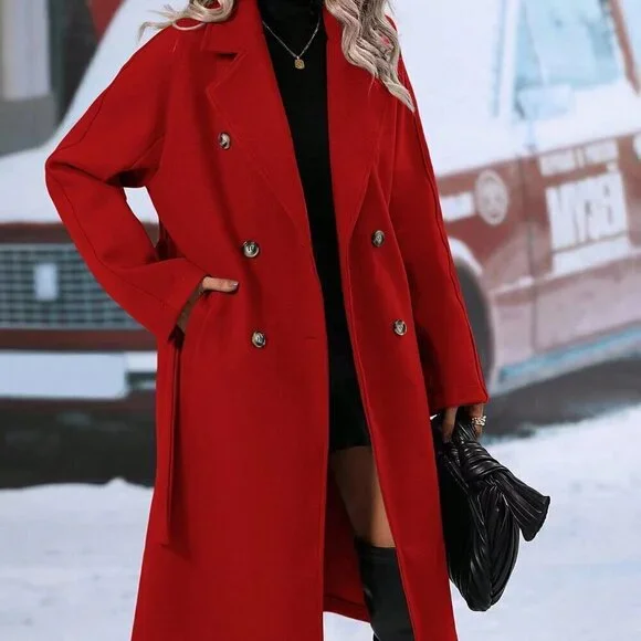 Casual Women's Double Breasted  Lapel Neck Belted jacket Overcoat RED - Picture 3 of 6